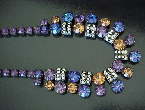 Rare VINTAGE Signed WEISS Purple, Topaz, Blue TRIPLE Hearts BRACELET 