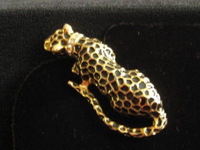 VTG GOLD TONE LEOPARD PIN BROOCH RHINESTONE COLLAR EYES  