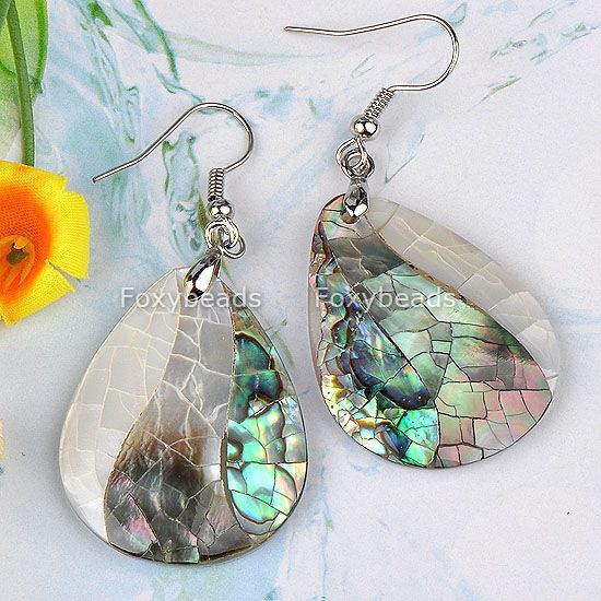 1Pair Natural Abalone Black White Shell Teardrop Art Dangle Earring 