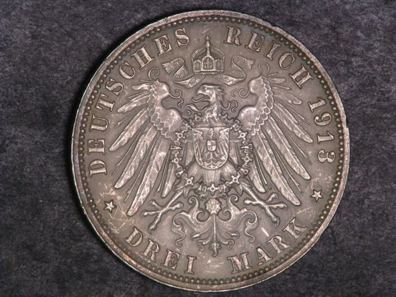 GERMANY SAXONY 1913E 3 Mark Leipzig Silver XF  