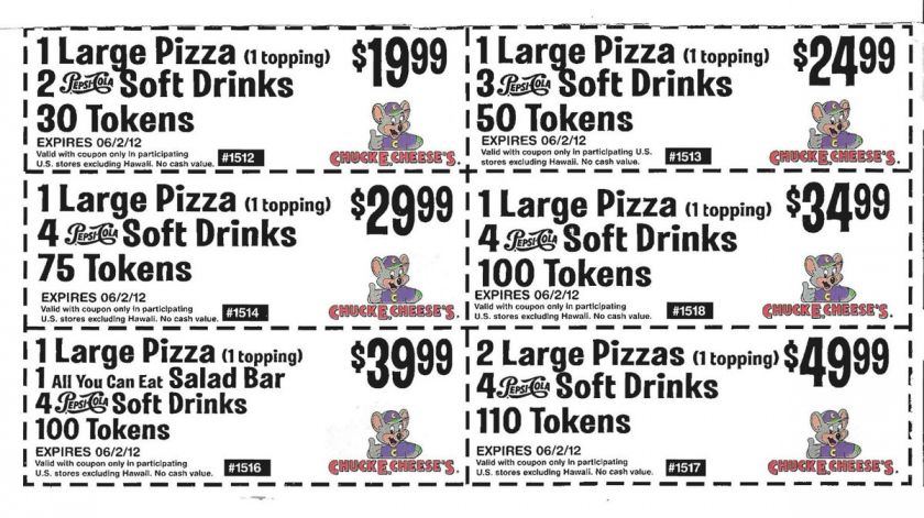   Cheeses Coupons Exp. 6/2/12 Pizzas Tokens Drinks & FUN for Kids