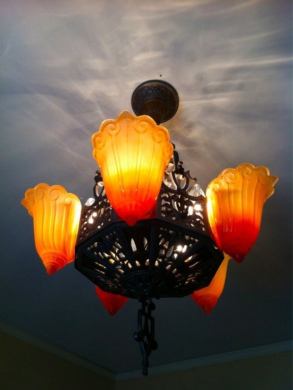 Art Deco Slipper Shade 5 Light Fixture Chandelier Antique Lamp 
