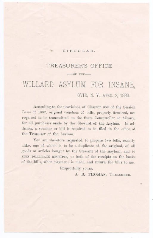 0794 Willard Insane Asylum 1883 flier J. B. Thomas Ovid NY mental 