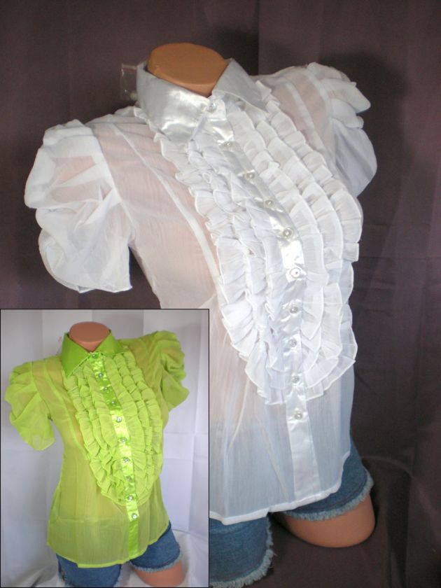 Dressy ruffle sheer chiffon button up blouse top S M L  