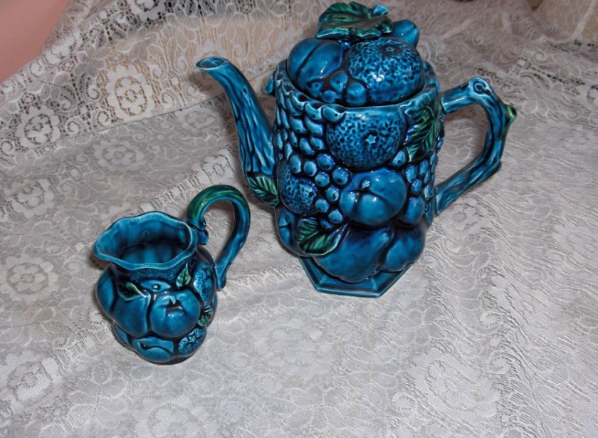 Vintage 3Pc Coffee Set 1960s Inarco China Mood Indigo Blue Embossed 