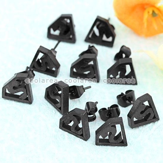 Cool Pair Black Superman Sign Stainless Steel Ear Studs  