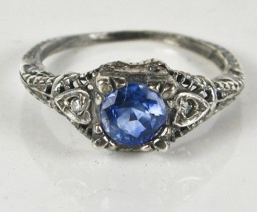 Deco Sterling Filigree .84ct Ceylon Sapphire & F SI Old Cut Genuine 