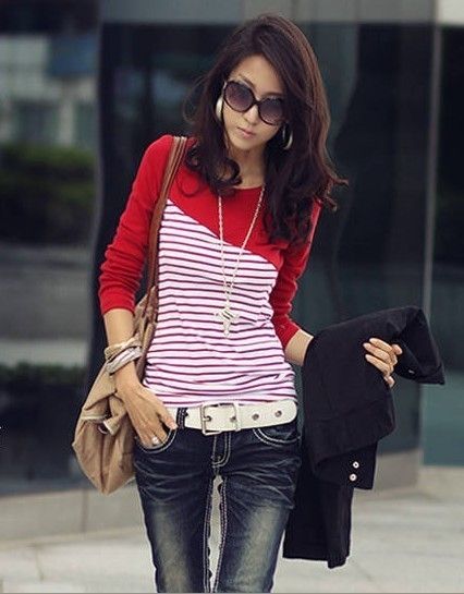 Women Combine Stripe Crewneck Long Sleeve Tops T shirts  