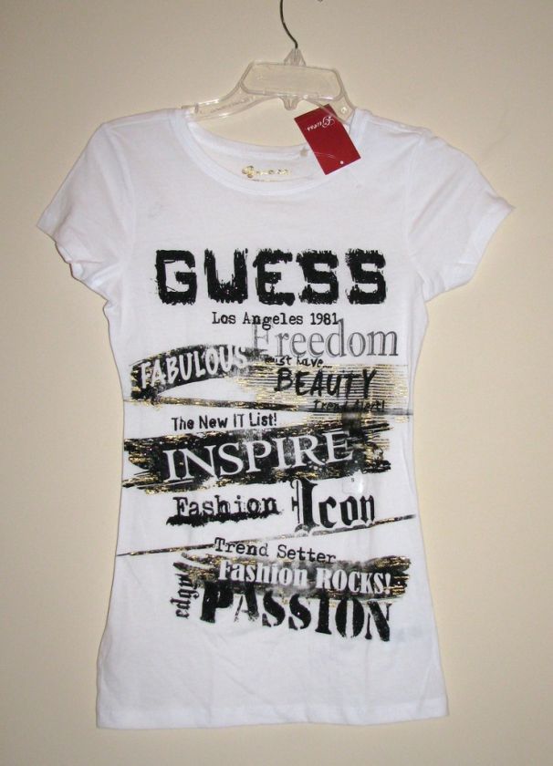 GUESS TRUE WHITE FOIL SIGNATURE SHORT SLEEVE TOP NEW  