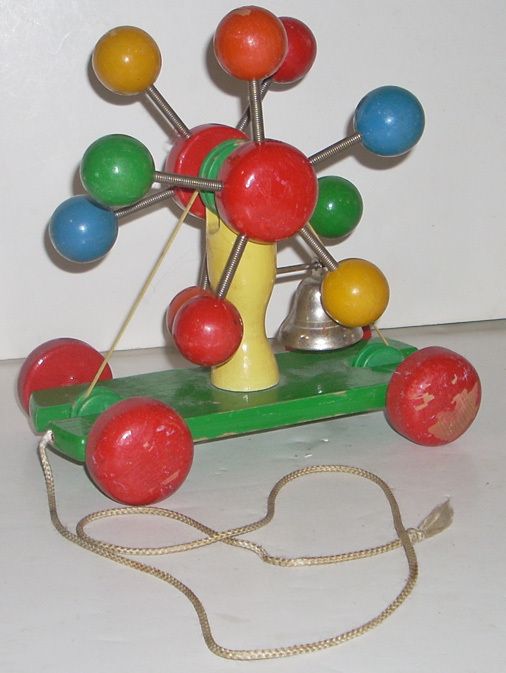 Vintage Mechanical Wooden Pull Toy with Bell  