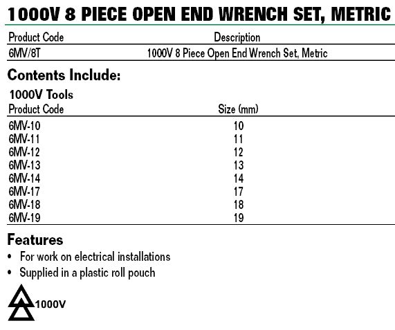 Bahco Tools 1000V Metric Open End Wrench Set 6MV/8T  