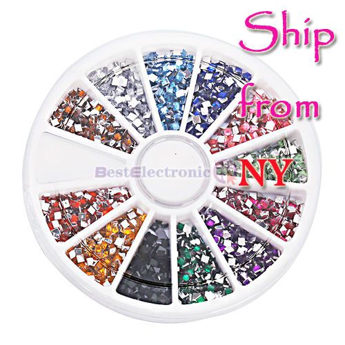   Art Glitter Tips Rhinestones Square Gems 2.0mm Wheel 12 Color  