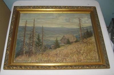 VINTAGE c1920s ARTS & CRAFTS AMERICAN SCHOOL MOUNTAIN CABIN LANDSCAPE 