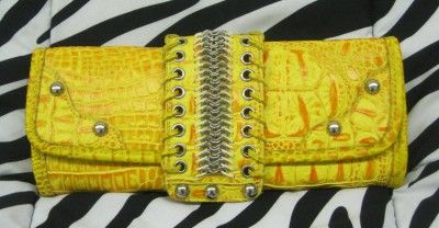 Yellow Python Snake Reptile Croco Fold over Clutch Bag Purse Wallet 