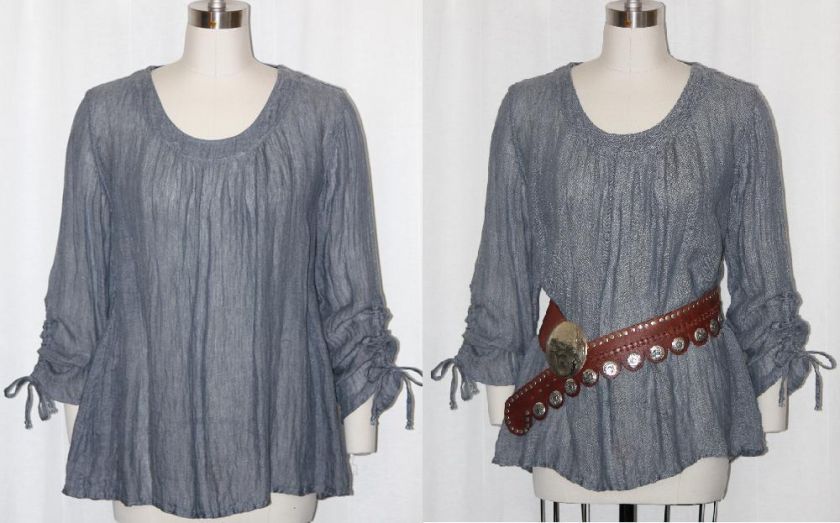 FLAX Limited Linen ZEN PULL Peasant Blouse Top P/S S/M M/L L/XL Blue 