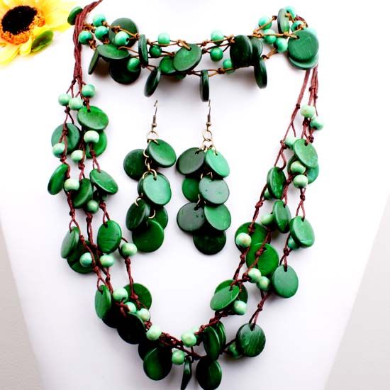 Green Coconut Shell Necklace Bracelet Earrings ~~1 SET  