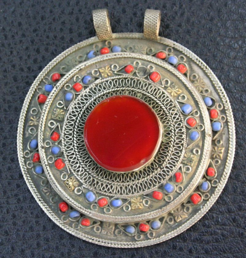   ETHNIC TRIBAL SILVER MEDALION CARNELIAN PENDANT BELLY DANCE  