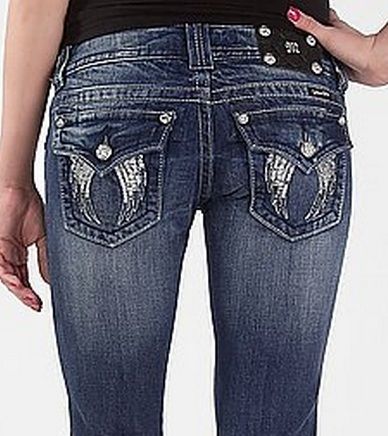   ME WOMEN JEANS METALLIC STUD SEQUIN FALLEN ANGEL WINGS BOOT CUT  