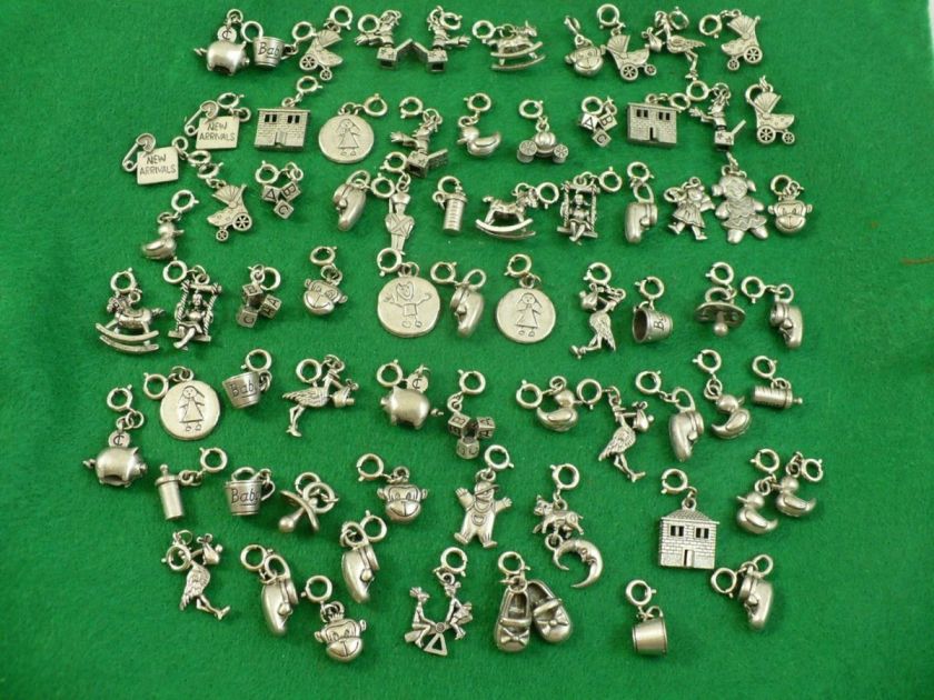 72 Baby Children Charms 3D Silver Tone Dangle Toy Pacifier Stork Swing 