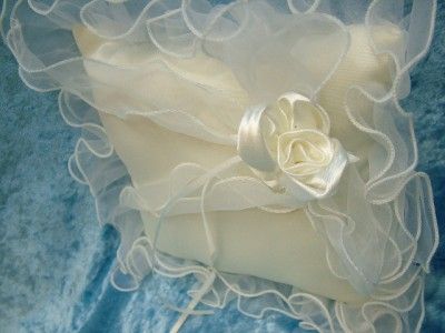 New Ivory Satin Organza Ribbon Rosebud Bridal Ring Bearer Pillow 