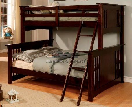 Wooden Dark Walnut Mission Twin Full Bunk Bed  