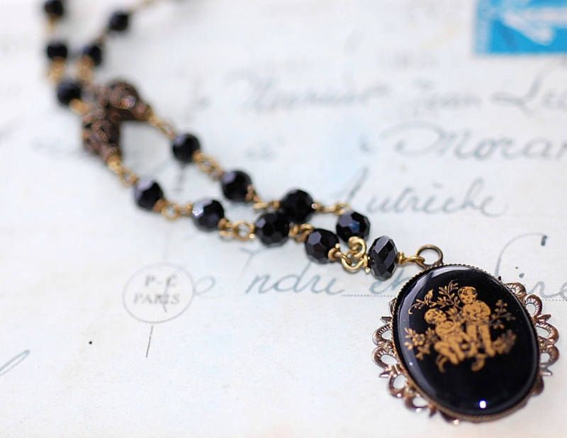 Vintage Glass Gemini Black Zodiac Cameo Necklace  