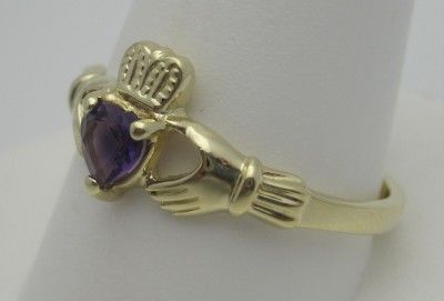 14k Yellow Gold Claddagh Ring Irish Celtic Ladies Amethyst Heart 