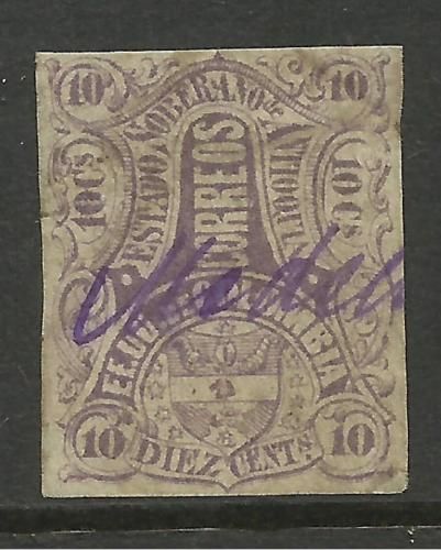 COLOMBIA ANTIOQUIA 1873. 10c Mauve. SG 13. FU Pen Canc  