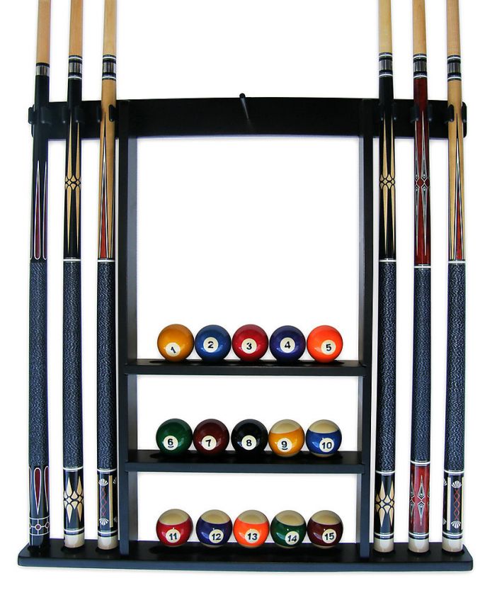 Pool Cue Billiard Stick and Ball Wall Rack   Holder Black Finish 