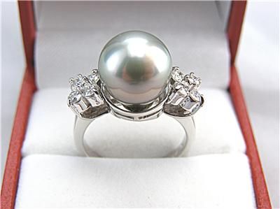 South Pacific Grey Pearl 11mm & Diamond Ring .57ct 14k H I SI2 SI3 