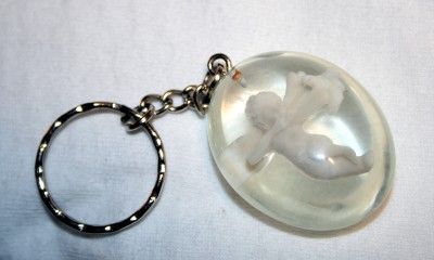 Lovely Clear Lucite Sculpt Oval Guardian Angel Keychain  