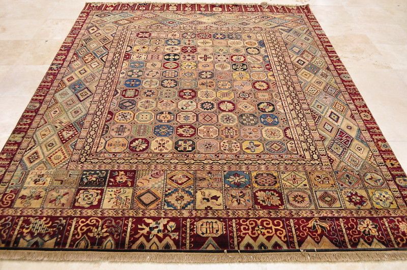 8x10 HANDMADE WOOL RUG PATCHWORK QUILT BEIGE BLUE RED  