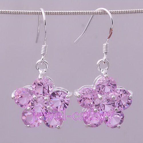 Goodly Pink Crystal Flower Silver Plated Dangle Earring  