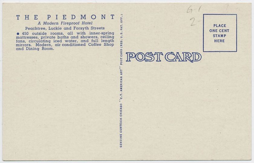   Piedmont Hotel Atlanta GA Georgia Postcard Vintage Linen Architecture