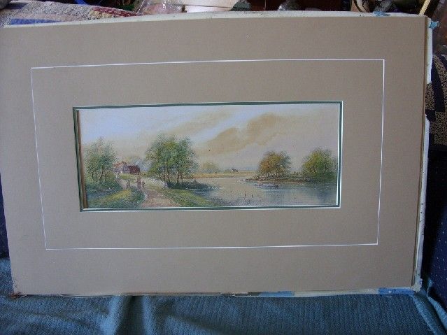 c1890s SIGNED E. LEWIS WATER COLOR PAINTING FARM RIVER  