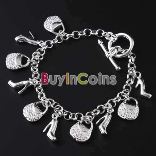   Women Silver Plated Heeled Shoes Hand Bags Bracelet Bangle Gift  