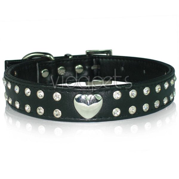 11 14 Black Leather 28 Rhinestone Dog Collar Small  