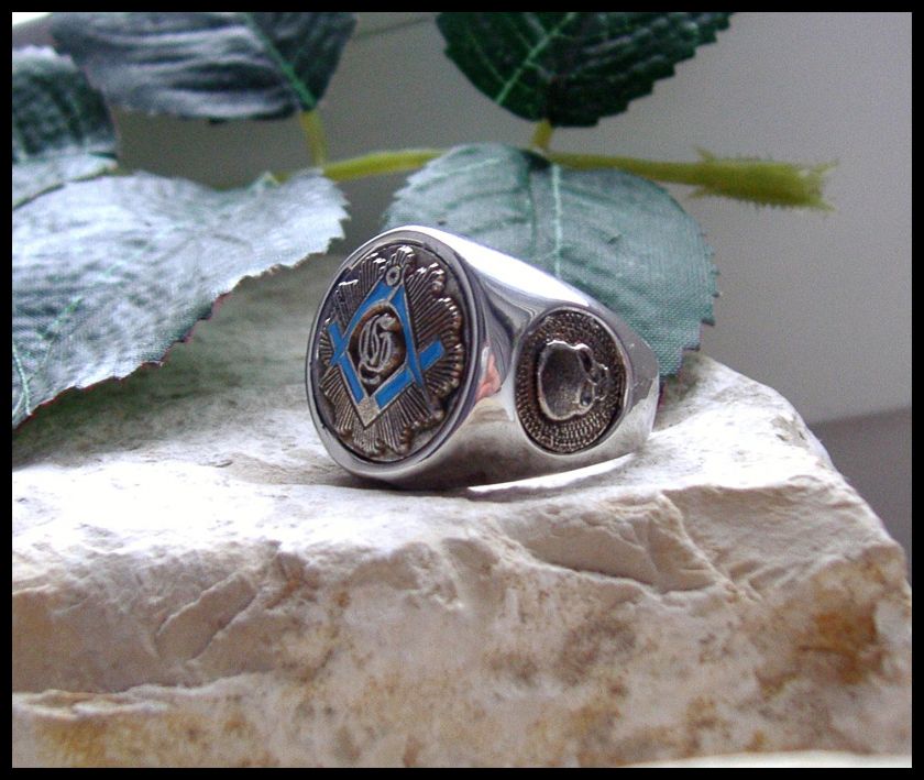   © MASONIC BLUE G LODGE RING VINTAGE SYMBOL STEEL SILVER MASSIVE M11