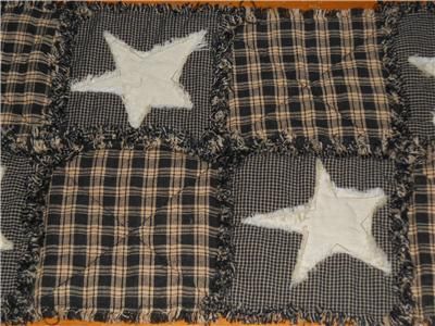   Black Tan Homespun PriMiTivE Rag Quilt Table Runner Tan Stars  