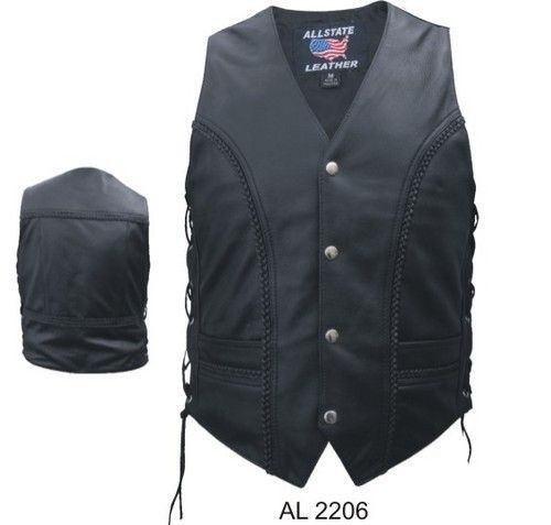 Motorcycle Bikers Leather Braided Vest/Side Laces  